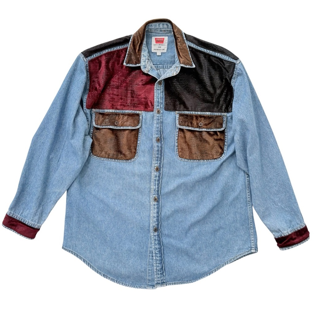 Vintage David Brandon Patchwork Denim Shirt with Color Block Design
